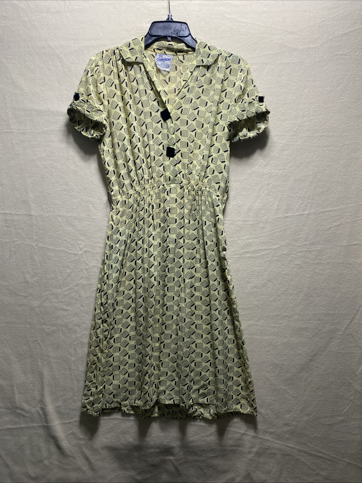 VTG 40&rsquo;s GEORGIANA Geometric Print Size 14 Day Dress Zipper Snap Button *READ*