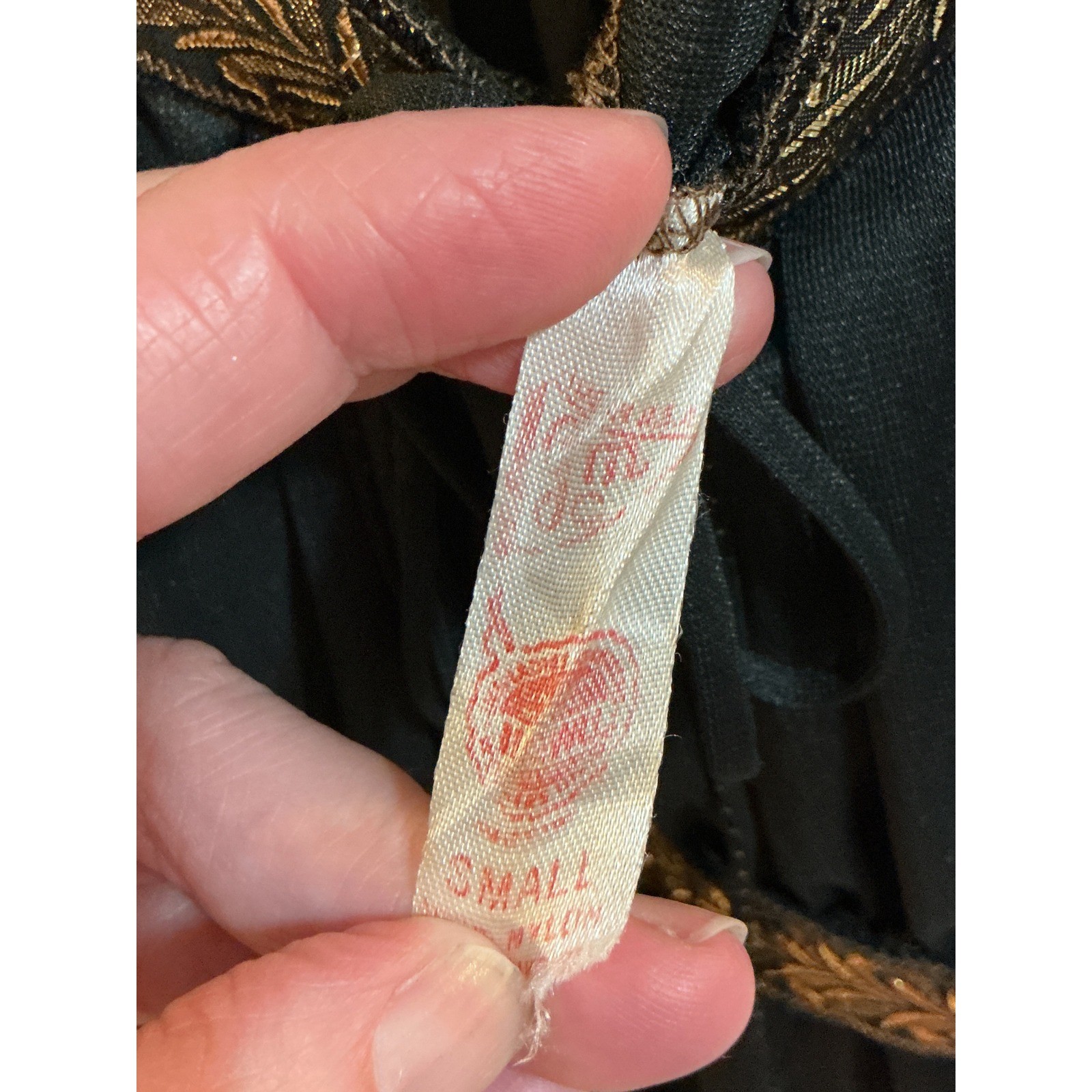 Vintage Black Sheer Empire Waist Nightgown Gold Laurel Leaf Embroidery Small