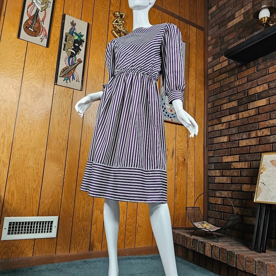 Vintage 80s Contrast Stripe Puff Balloon Sleeve Secretary Office Day Dress XS/S