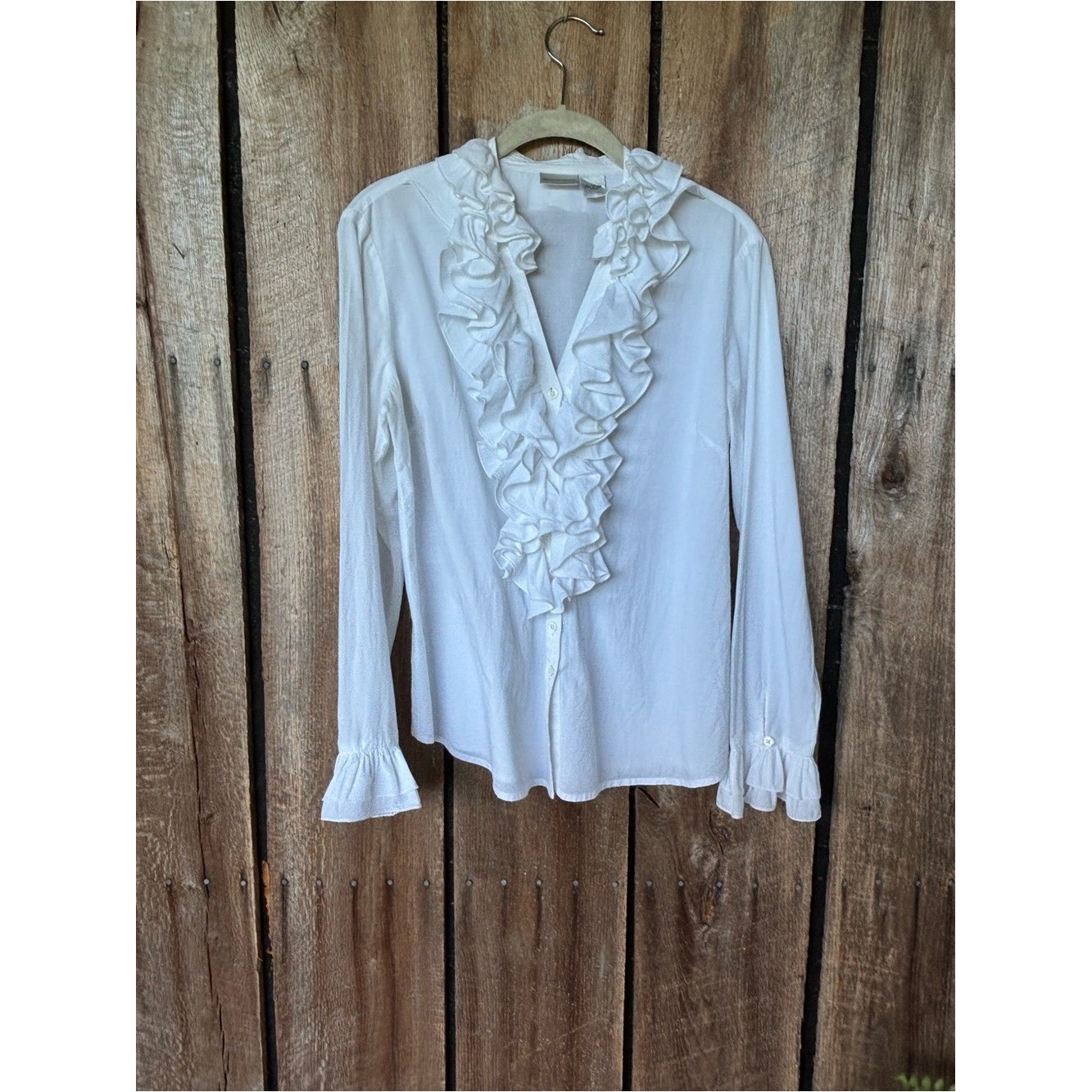 Newport News White Ruffle Button Front Blouse Womens 8 Cotton Victorian Romantic