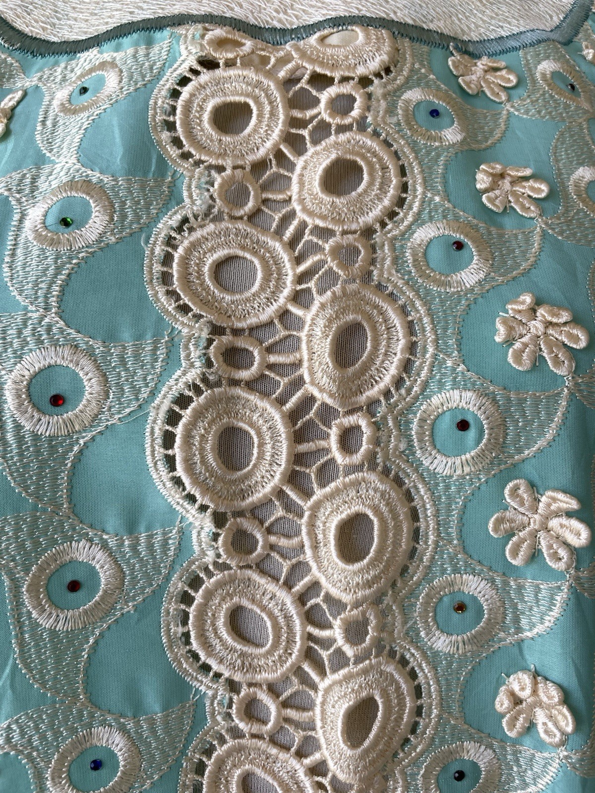 Vintage 1970s Teal Woman’s Floral Embroidery Bedazzled Caftan Dress – Unbranded