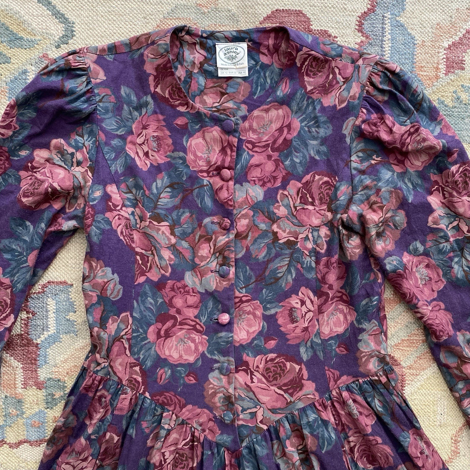 Vintage Laura Ashley Dress Floral Size 10 Wool Cotton Blend Long Sleeve Modest