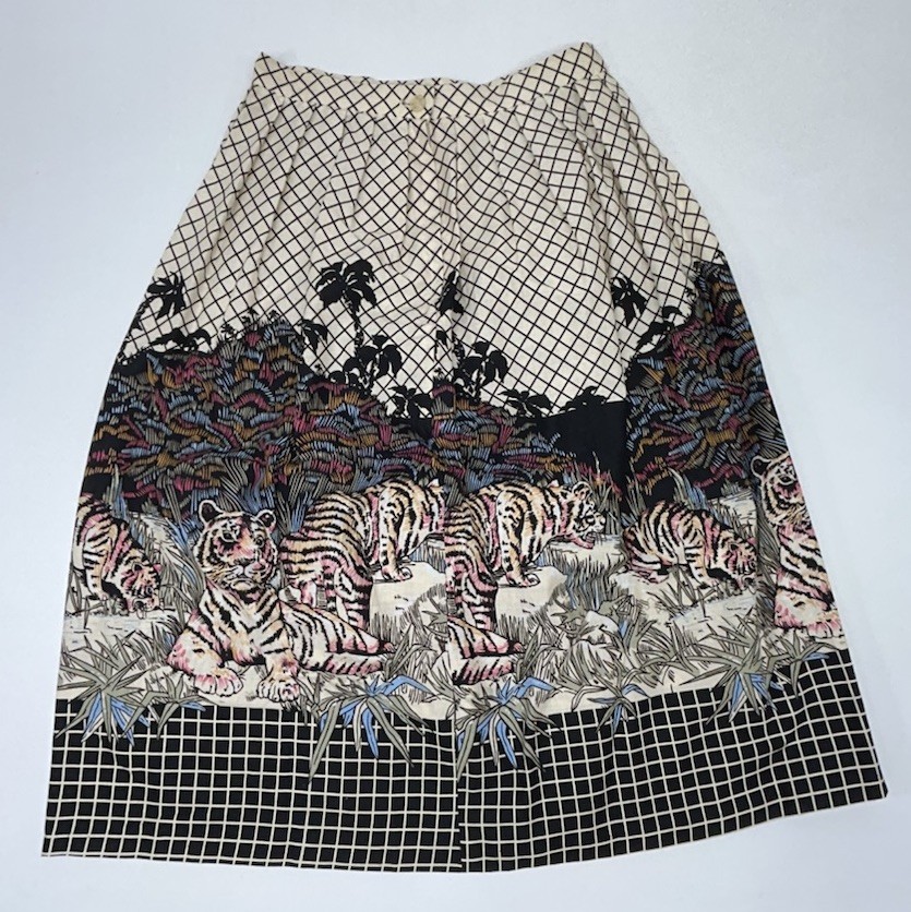 Vintage 80-90s Button Zipper Pleaded Midi Skirt Resting Tigers Print