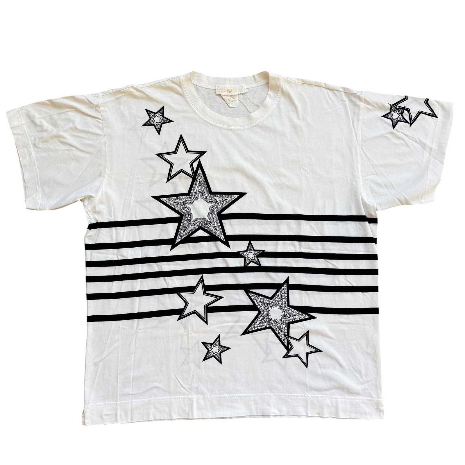 Escada Margaretha Ley Vintage Star Stripe T-Shirt White Cotton Made Germany 40