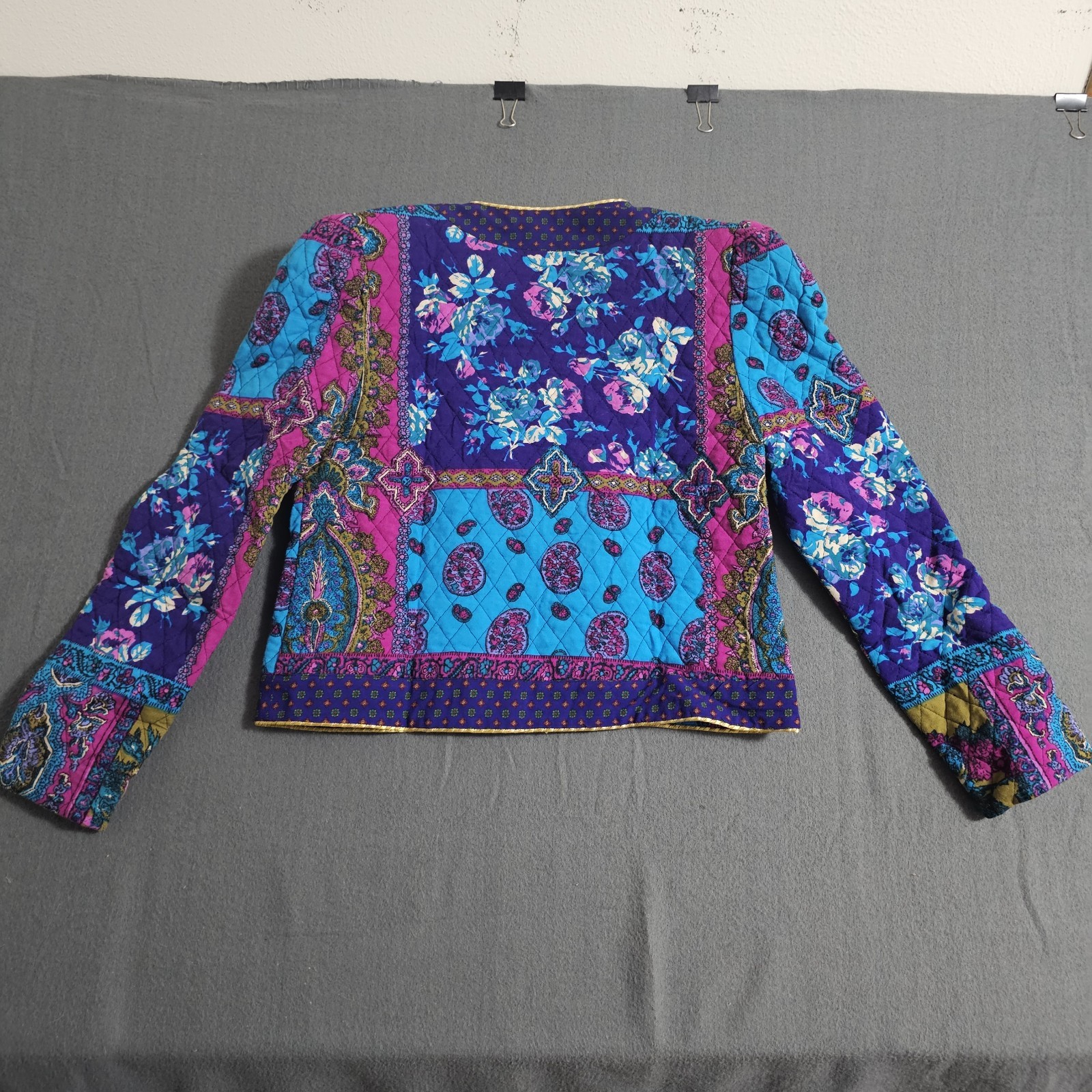 Vtg ACT I 5/6 Quilted Button Jacket Shoulder Pads Multicolored Blues