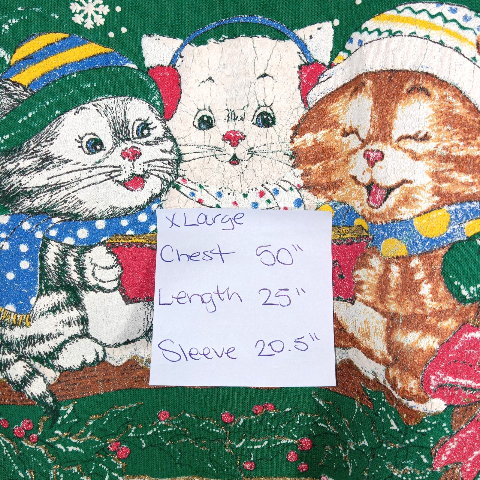 Nutcracker Green Christmas Kittens Sweatshirt Size XLarge Vintage Graphic Cat