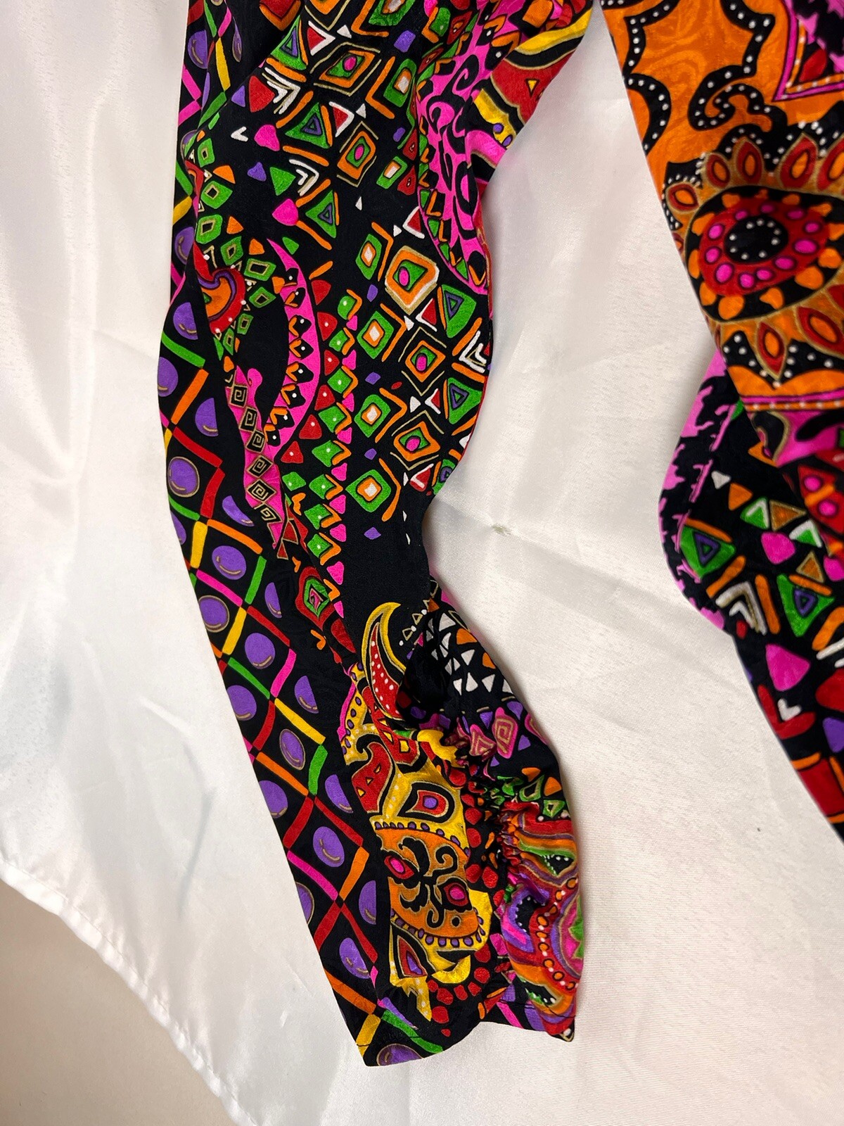 DIANE FREIS Original Vintage 1980s Multi-Color Print Midi Dress 100% Silk