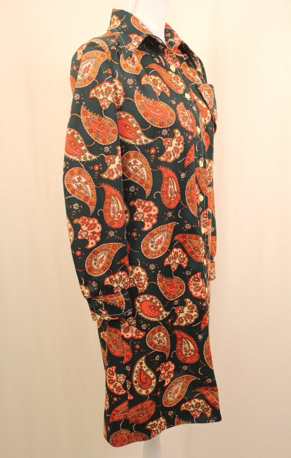VTG Women&rsquo;s 60s 70s Forest Green & Orange Paisley Shirt Dress S/M 1960s 1970s