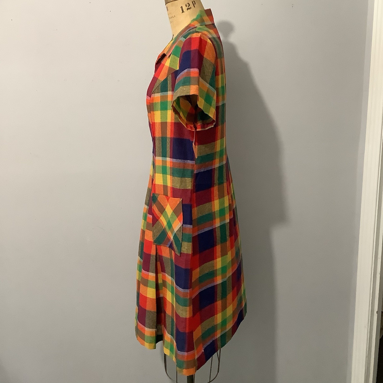 VTG 1960’s Colorful Plaid Cotton/Poly Dress Deadstock Mint With Tag XL B44”/W38”