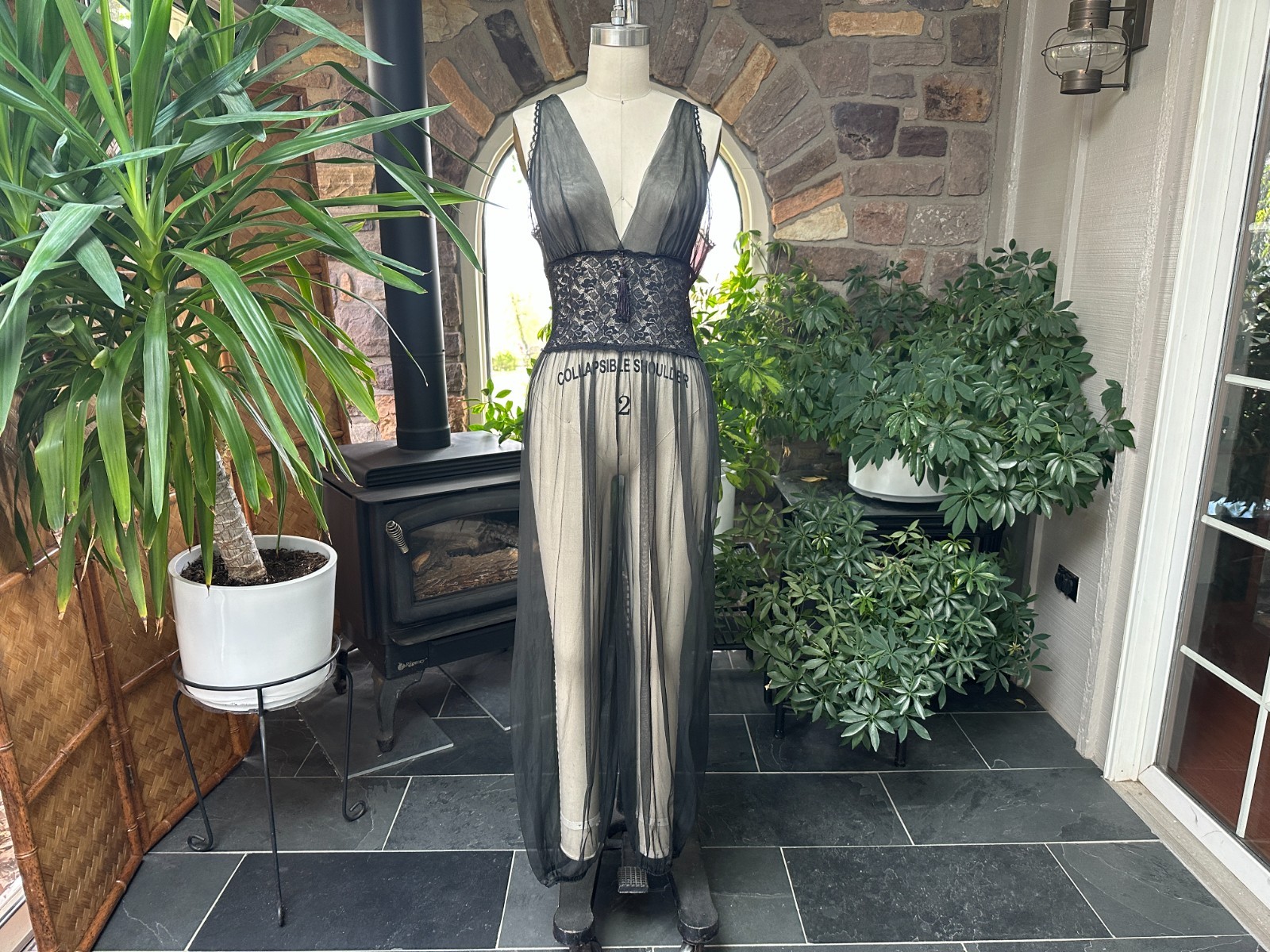 Vintage Black Sheer Nylon and Lace One Piece Genie Pants Jumpsuit Petra Fashions