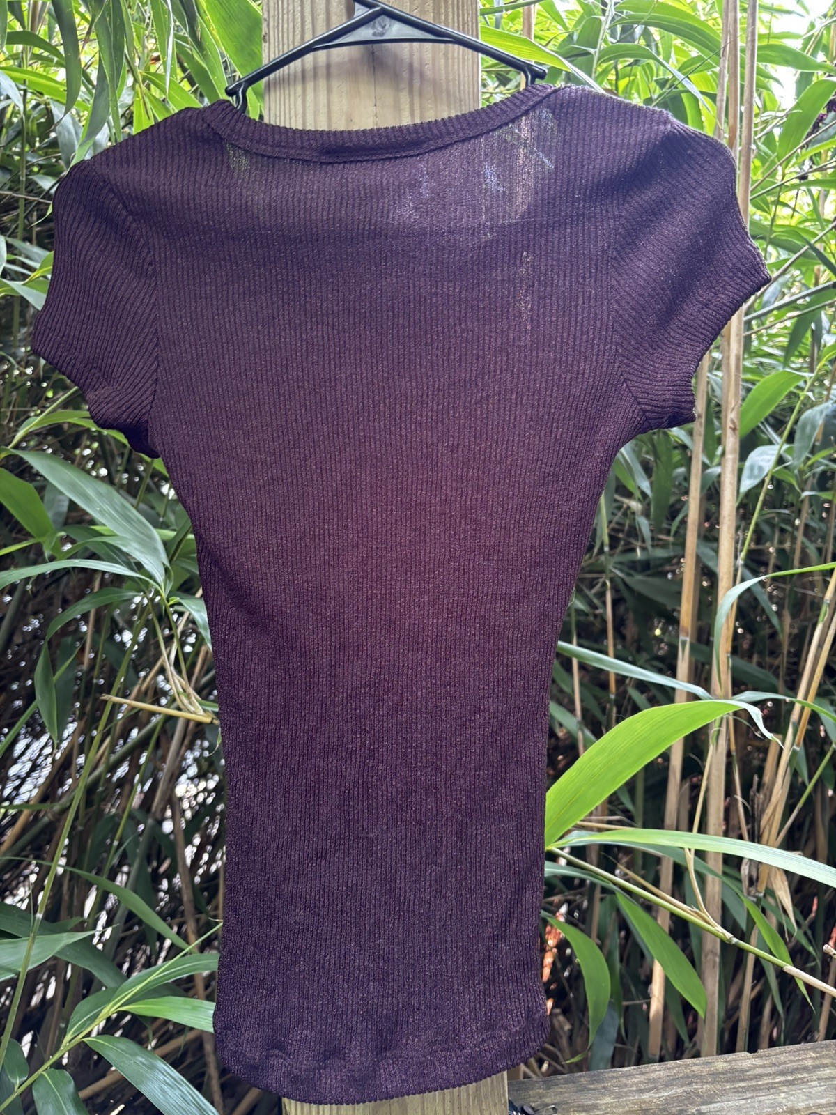 Vintage 70s Women&rsquo;s Top Brown XS Polyester Stretch Disco Short Sleeve Scoop Neck