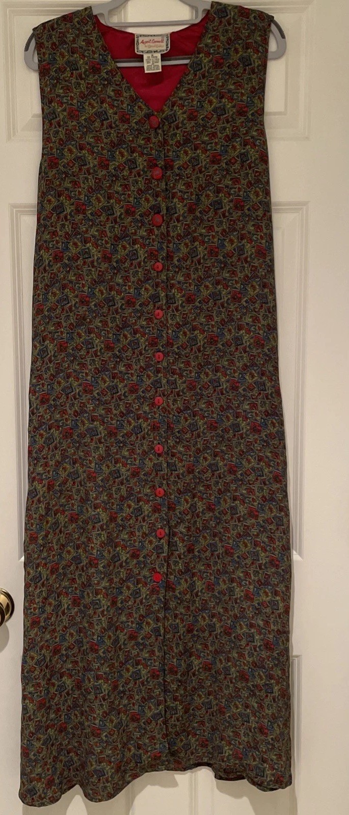 Vintage April Cornell Maxi Dress Women Medium Sleeveless Green Print Button Up