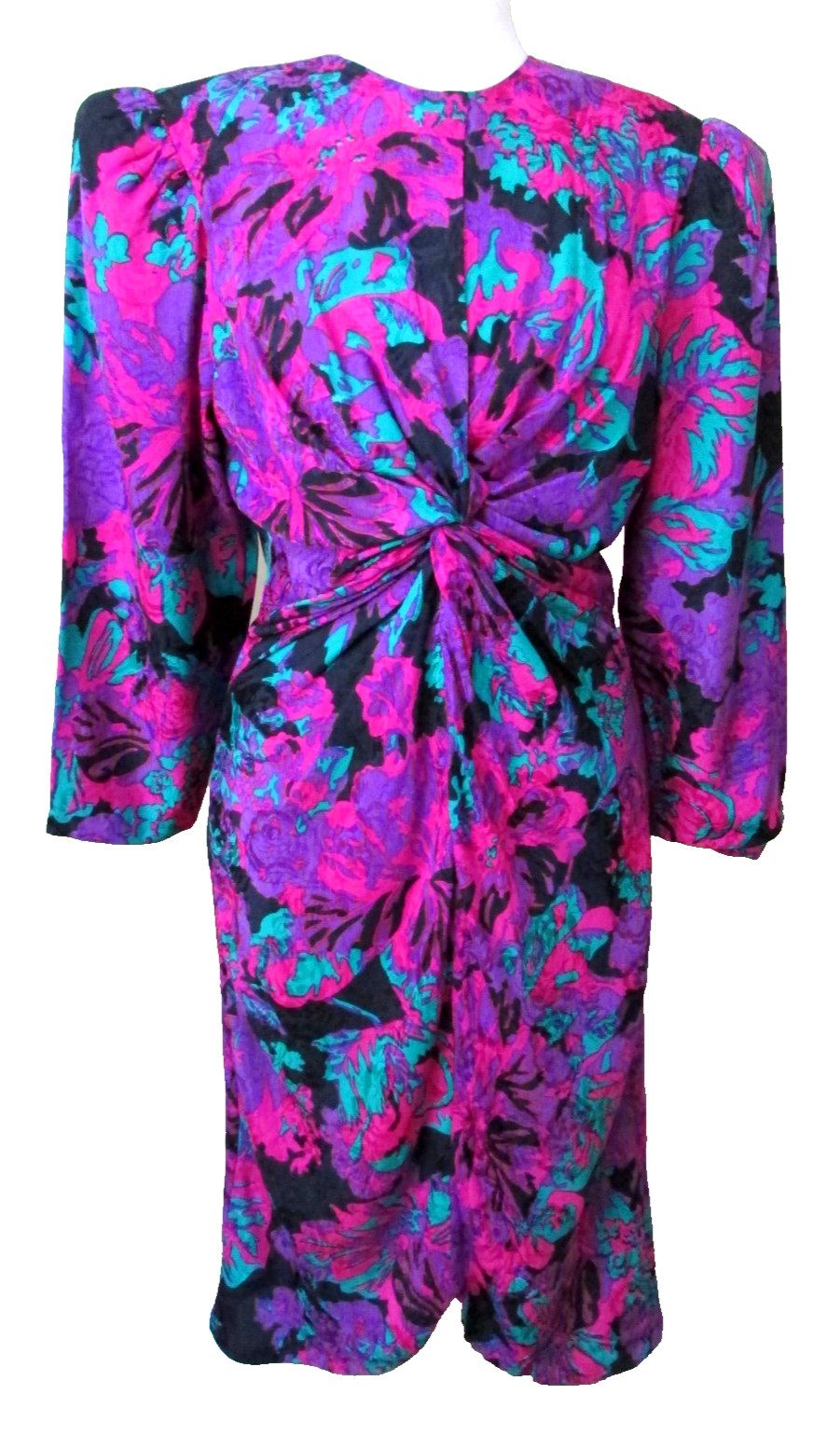 Vintage 80&rsquo;s Flora Kung 100% Silk Floral Long Sleeve Dress 12