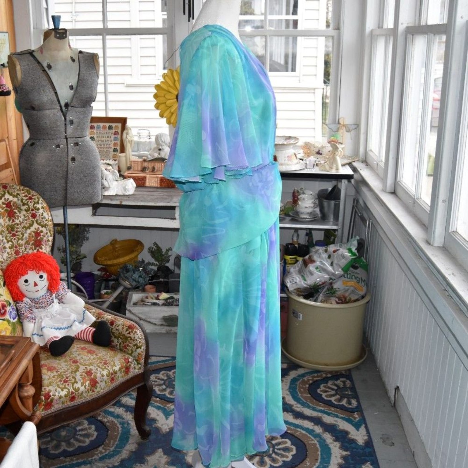 Vintage 70s 80s Aqua Lavender Chiffon Wrap Formal Gown Dress Size 14