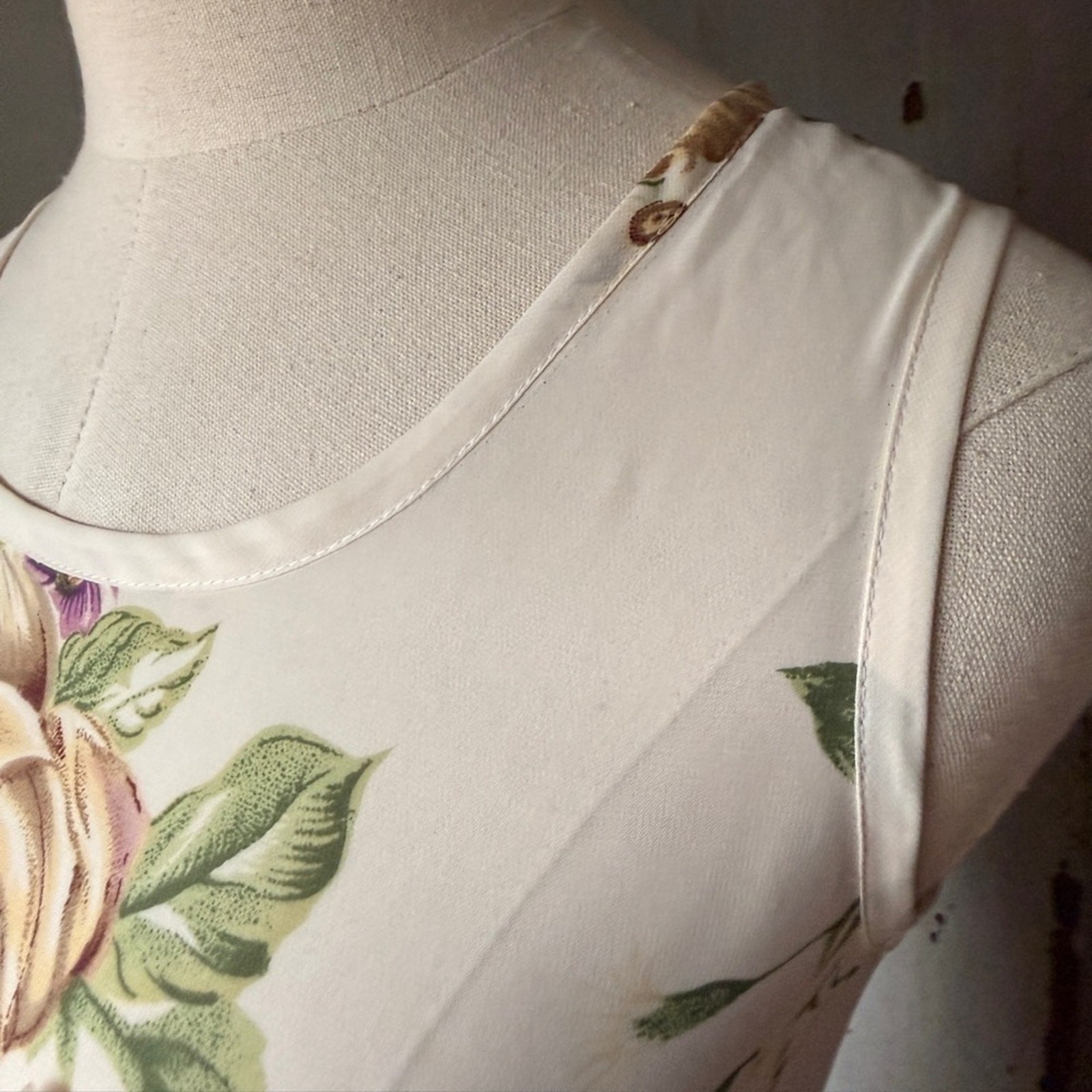 Vintage 90s Floral Slip Maxi Dress | Bias Cut Cream Rose Print Cottagecore | XS