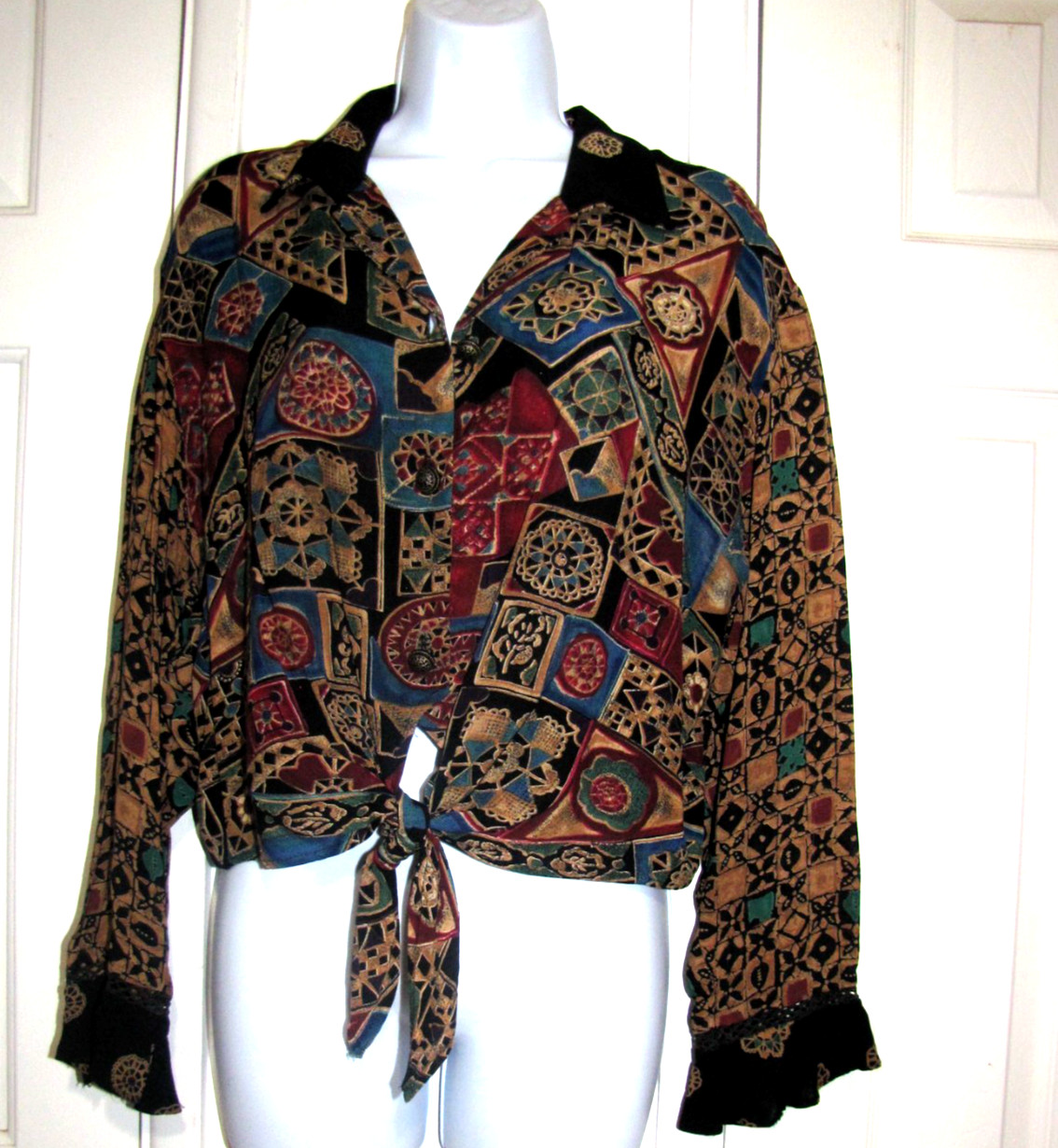 VTG Carol Little Topper/jacket Tie-waist Long sleeve Red/Tan-geo.Print Wm.14P