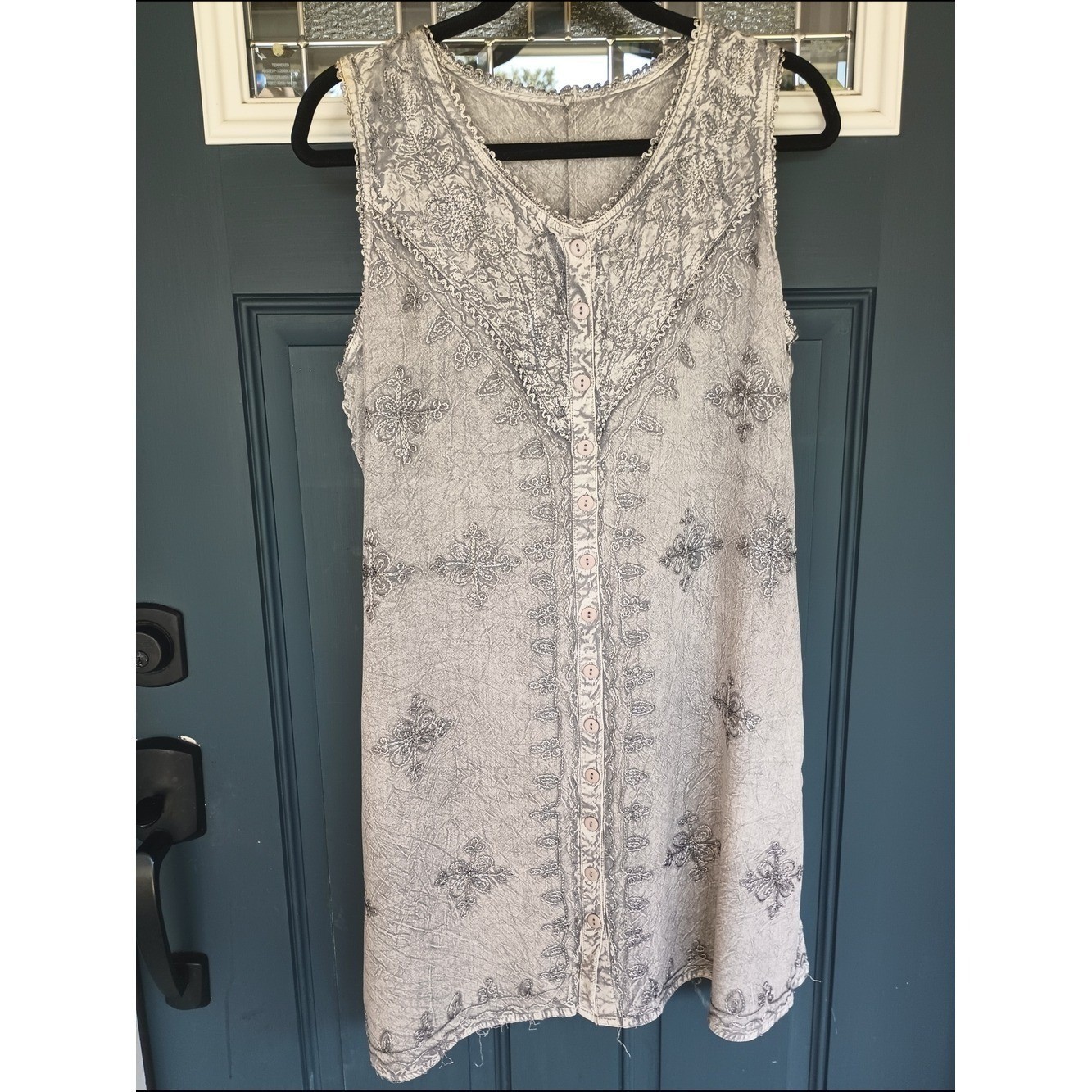 Embroidered Sleeveless Button-Front Lt Grey Dress Boho Hippie 70s Beach Size M