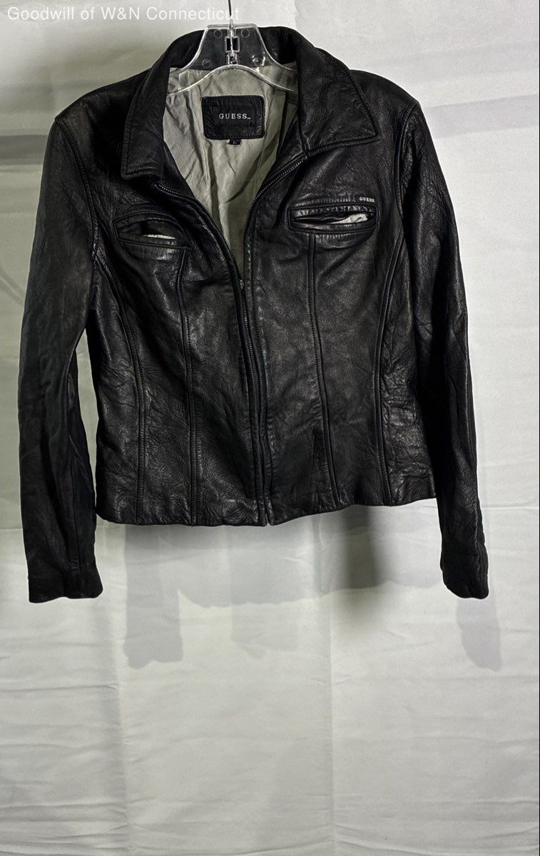 Vintage 90s Guess Black Genuine Leather Zip Up Moto Biker Jacket Sz L