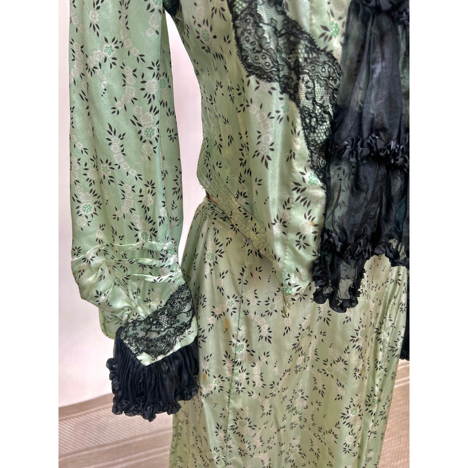 Antique Victorian Mint Green Printed Silk Two Piece Floral Skirt Set Black Lace