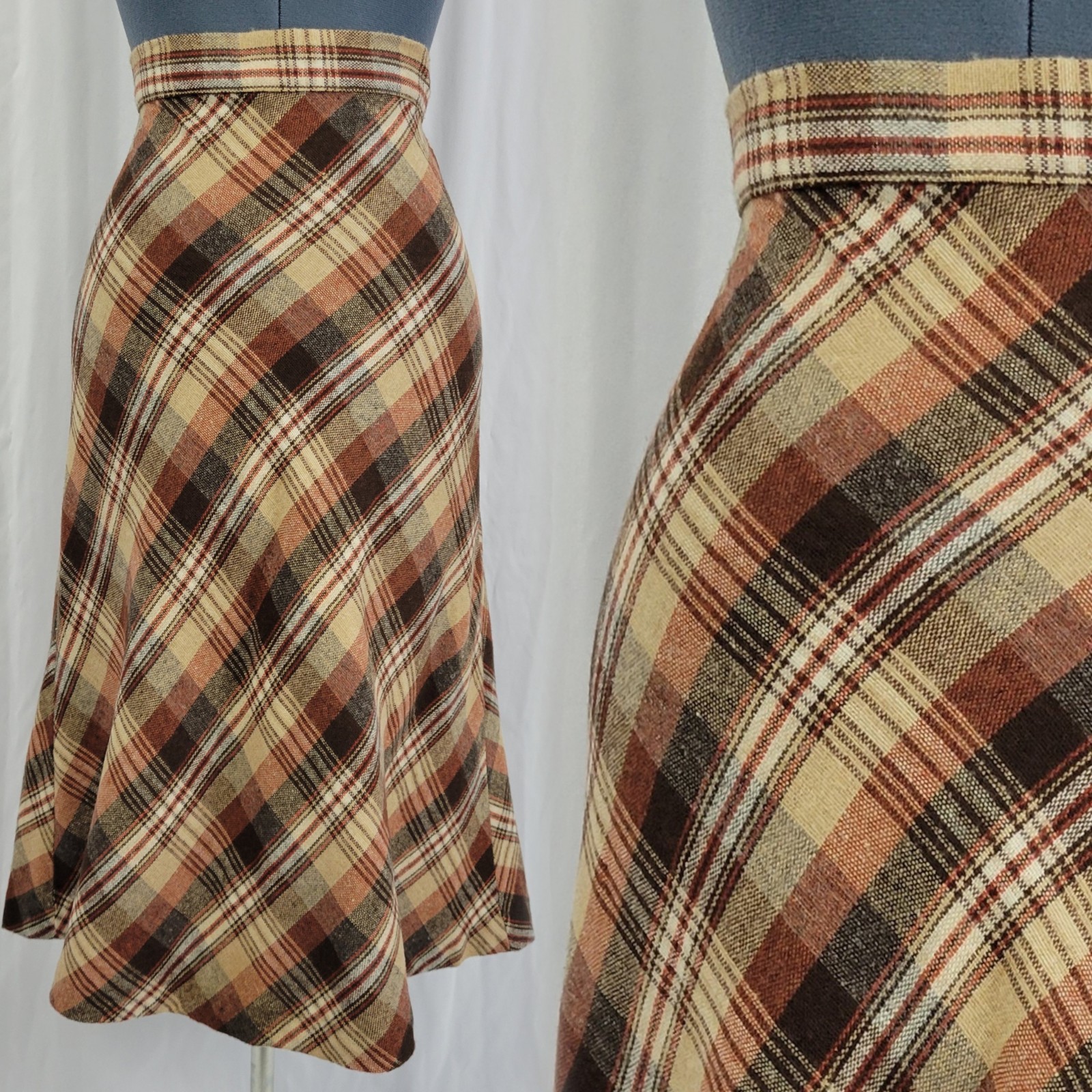 Vtg Helen&rsquo;s Britches Rust/Tan/Brown Plaid Bias Cut Wool Blend Skirt Size 7