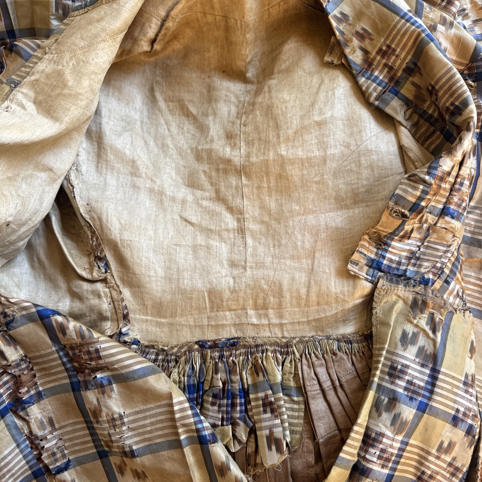 Antique Victorian Brown & Blue Plaid Silk Dress & Cape 1860s Vintage
