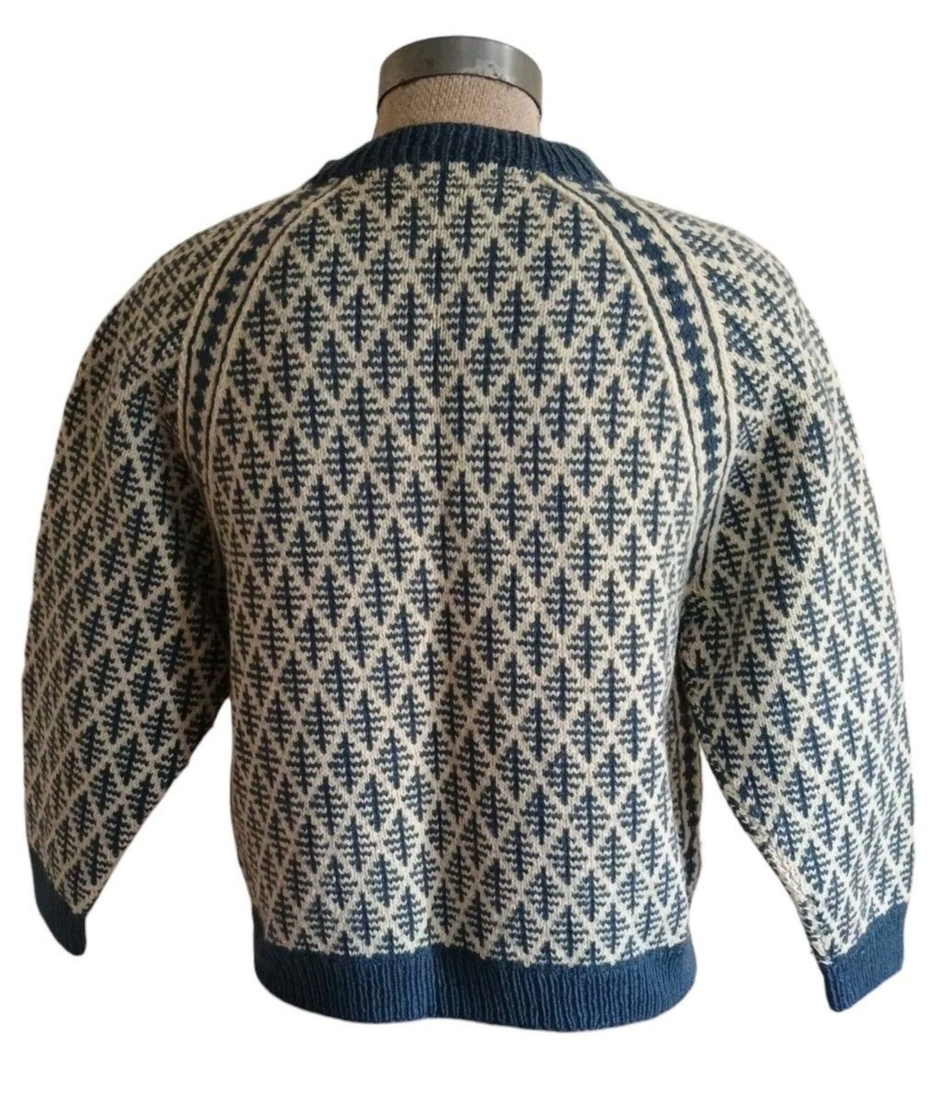 Vintage Denmark Hand Knit Wool Sweater Unisex Sz Sm-Med Blue/Cream