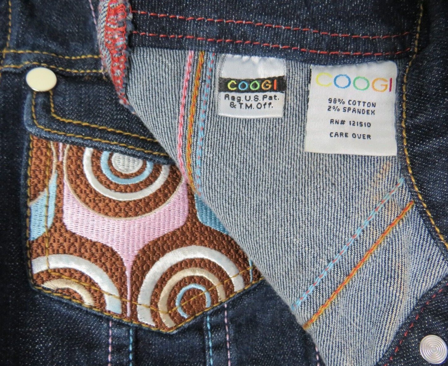 COOGI VTG 1990s 2000s BLUE STRETCH DENIM JEAN CROP JACKET EMBROIDERY ENAMEL