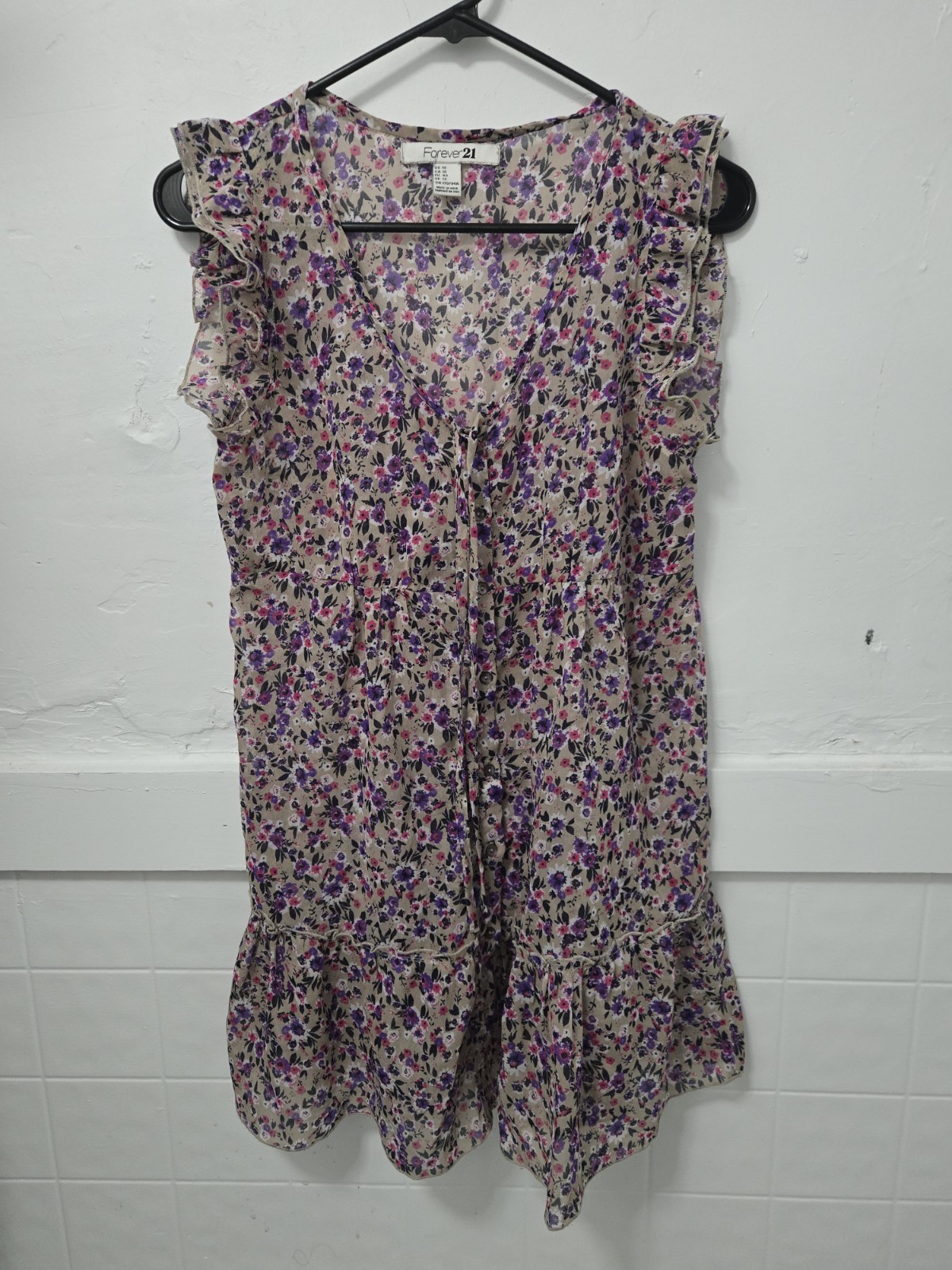 VTG Forever 21 Purple Floral Chiffon Ruffle Dress Indie Sleaze Y2K Boho Sz 10