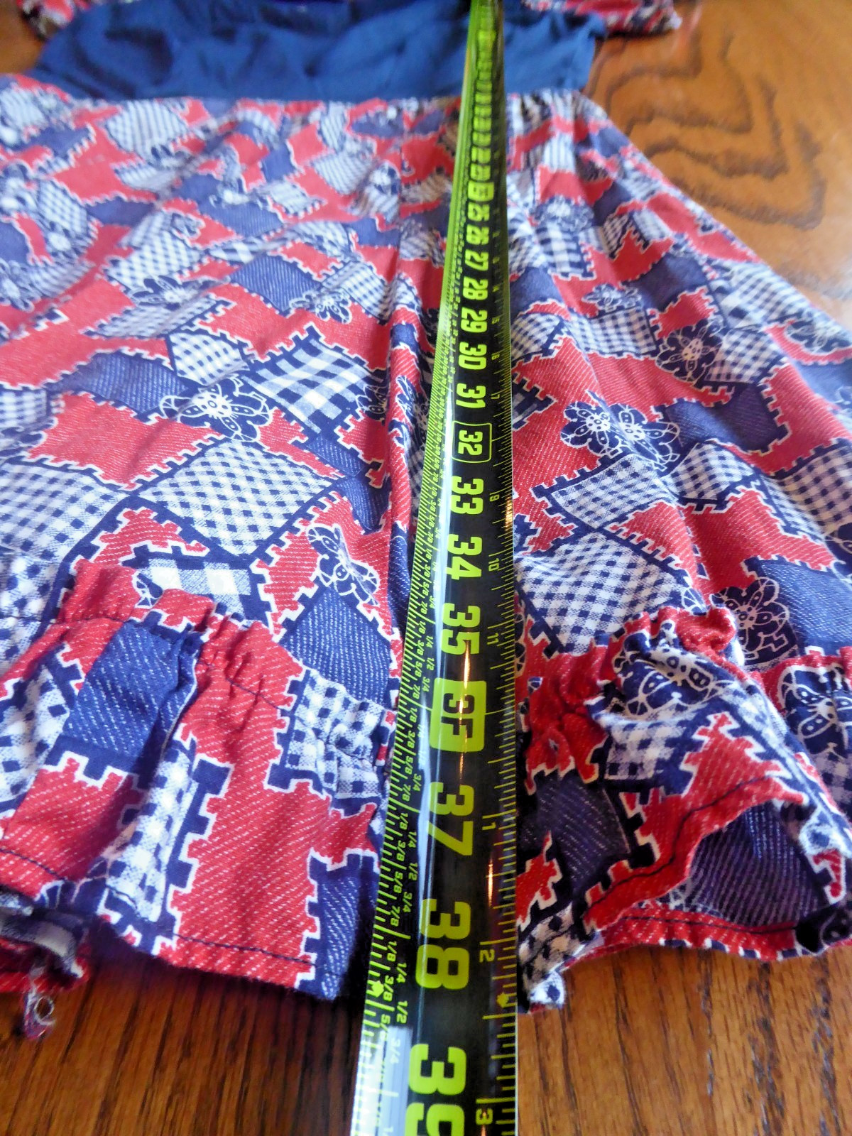 Vtg 70s Patchwork Quilt Print Dress Handmade Tulip Sleeve Patriotic Prairie Med.