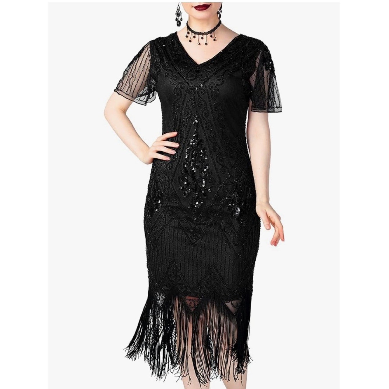 Pretty Guide Retro Dress Black Sequins Fringe V-neck Great Gatsby Sz 3 XL
