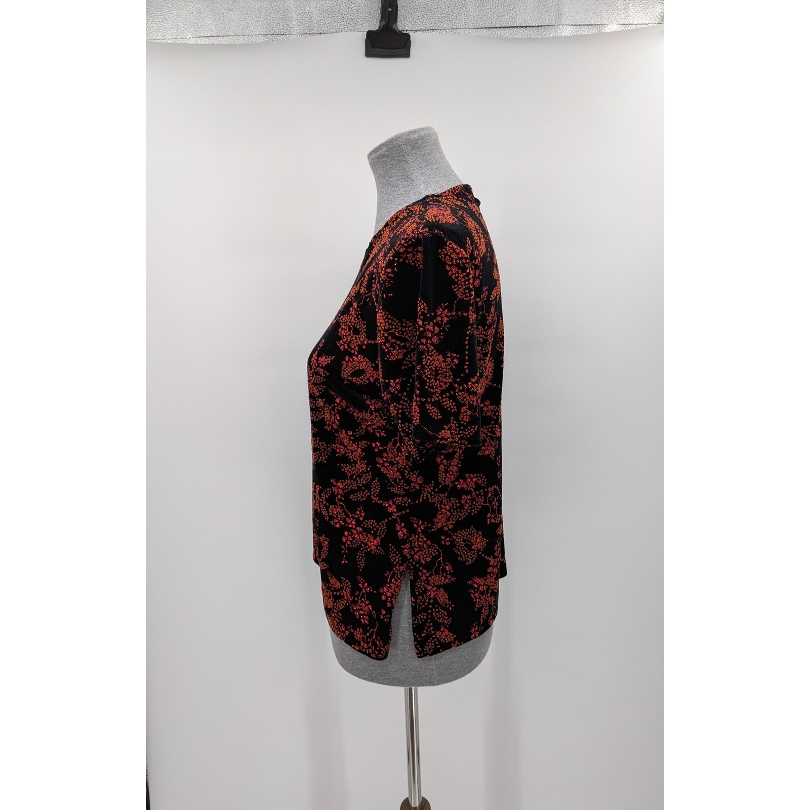 Whimsigoth Boho Glam Y2K Black Pink Glitter Floral Velvet Short Sleeve M/L Top