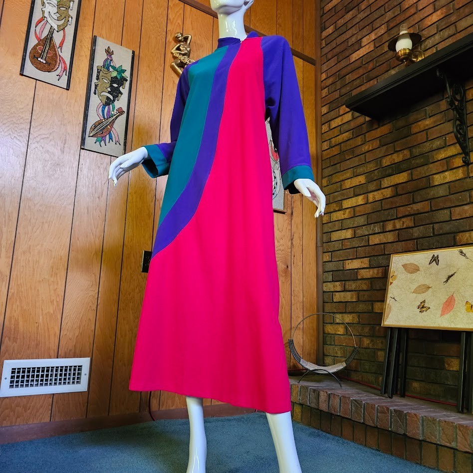 Vtg 80s New Wave Vanity Fair Colorblock Fleece Lounge Maxi Dress Caftan P M/L