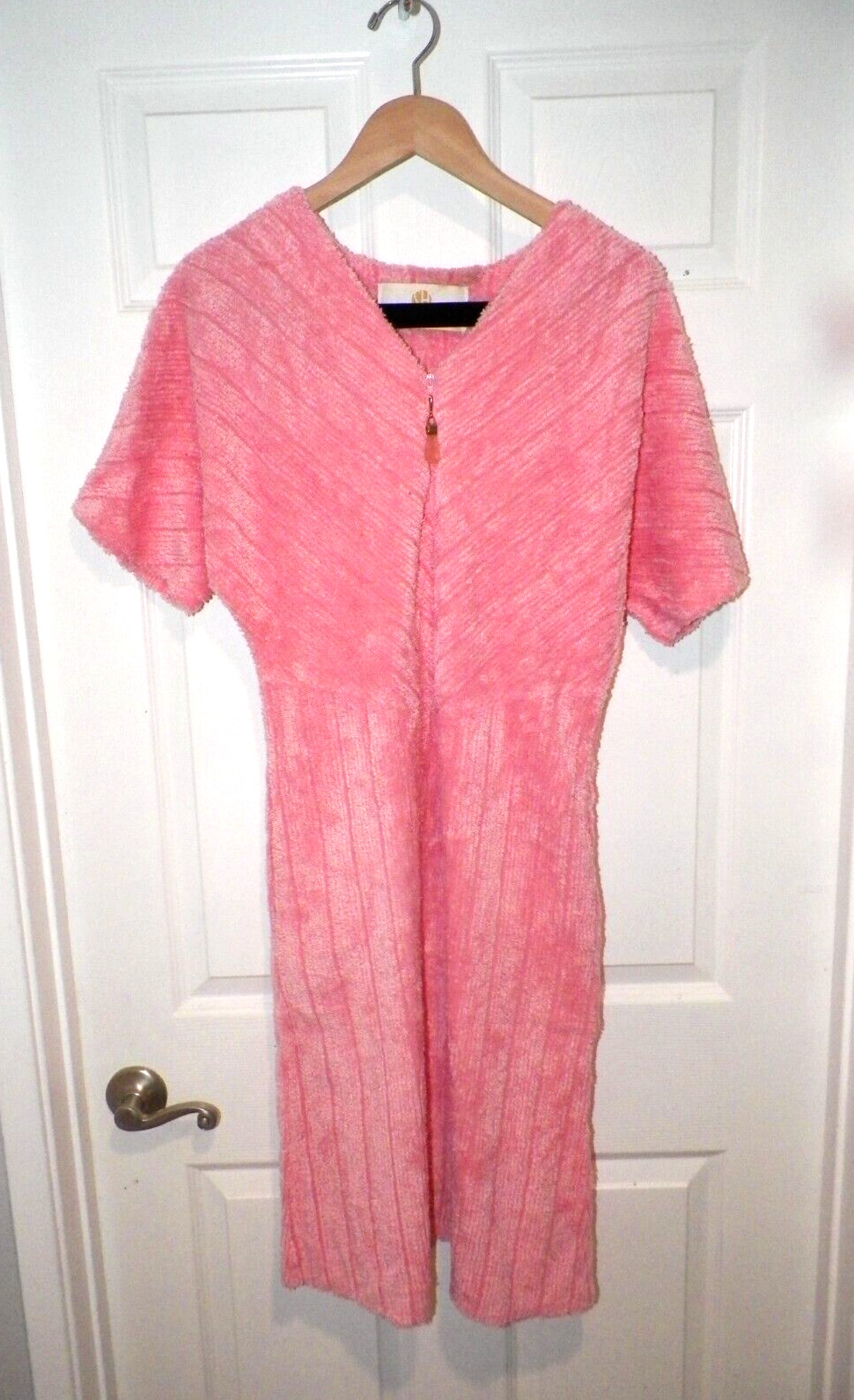 VTG STAN HERMAN CHENILLE PULLOVER 1/2 ZIP FRONT HOUSE DRESS PINK SZ S NWT