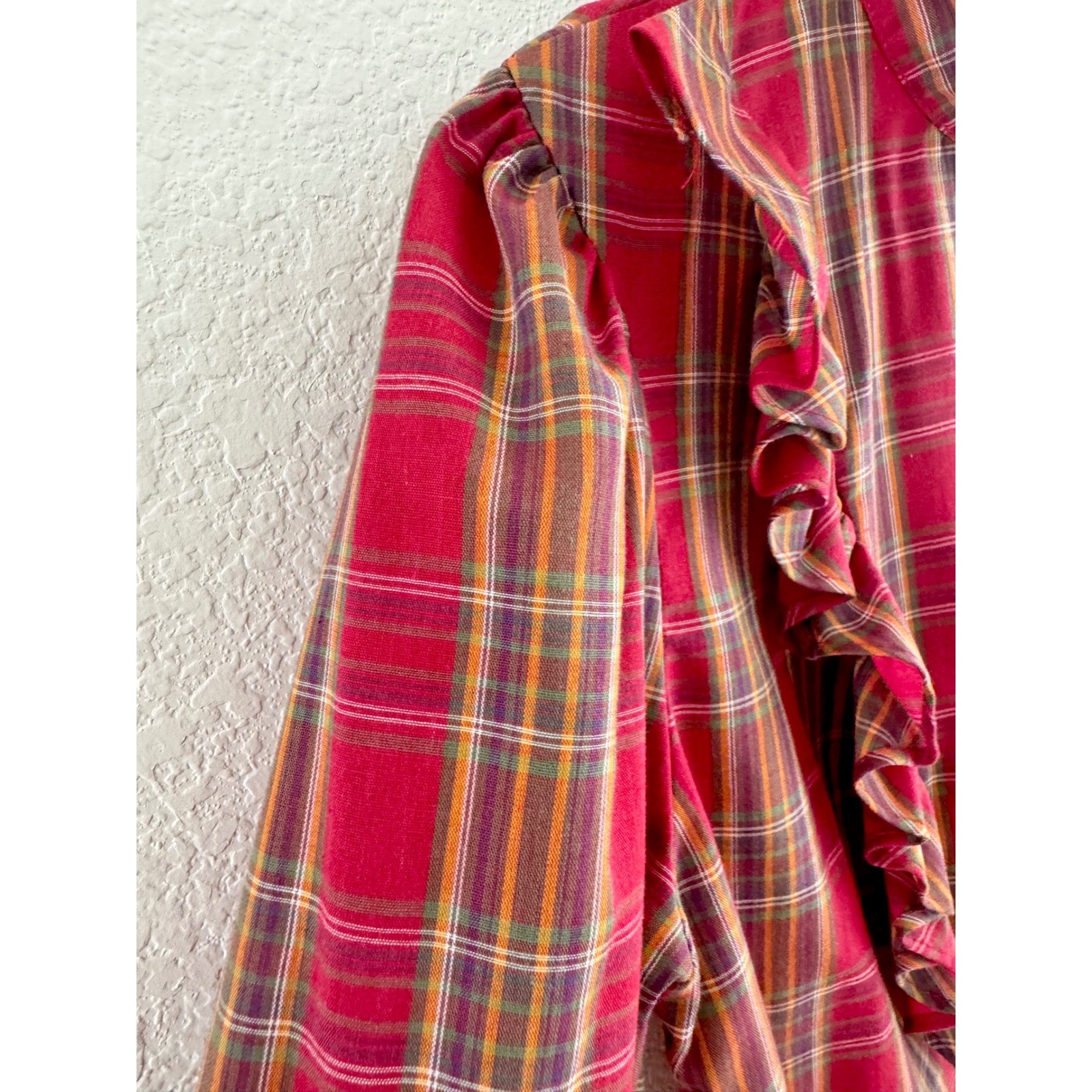 Present Tense Plaid Ruffle Blouse Womens Size M Red Vintage High Neck Victorian