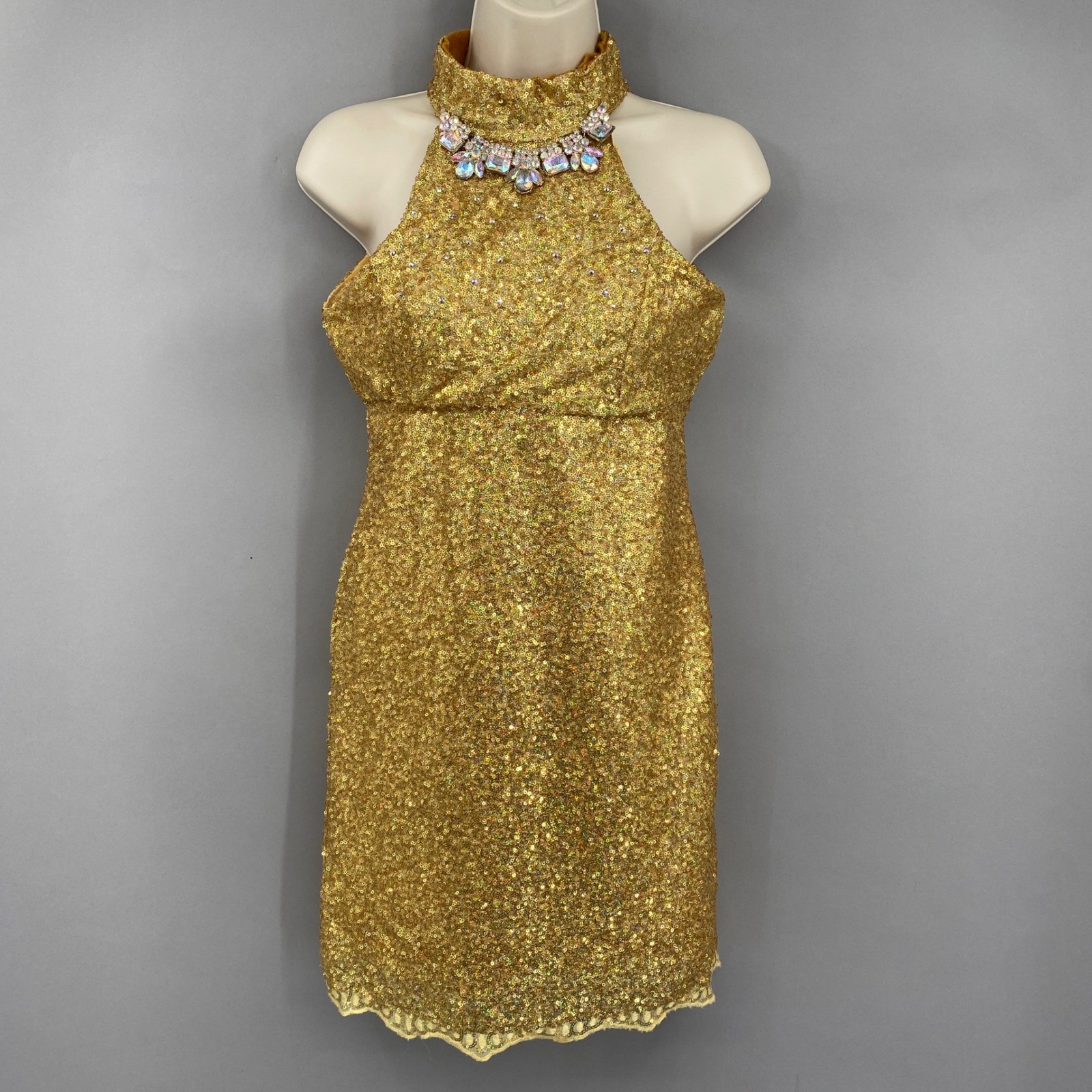 Vintage Gold Sequin Mini Dress Womens XS Small Halter Rhinestone Disco Party