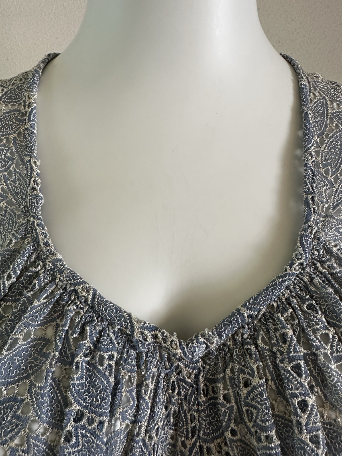 1940s Embroidered Rayon Crepe Cutwork Hostess Lounge Dress Blue Maxi L XL