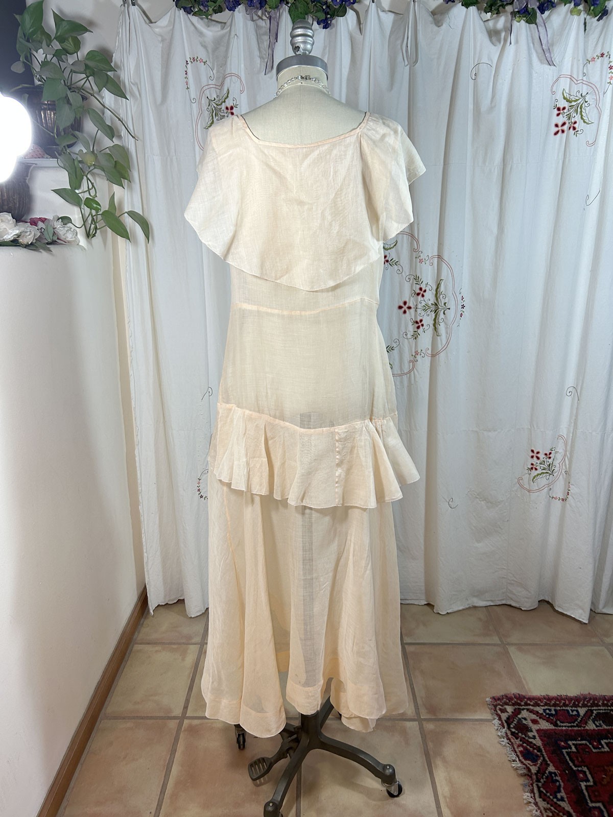 Antique 1920s Peach Sheer Muslin Flapper Dress Capelet Collar Sleeveless sz 4/6