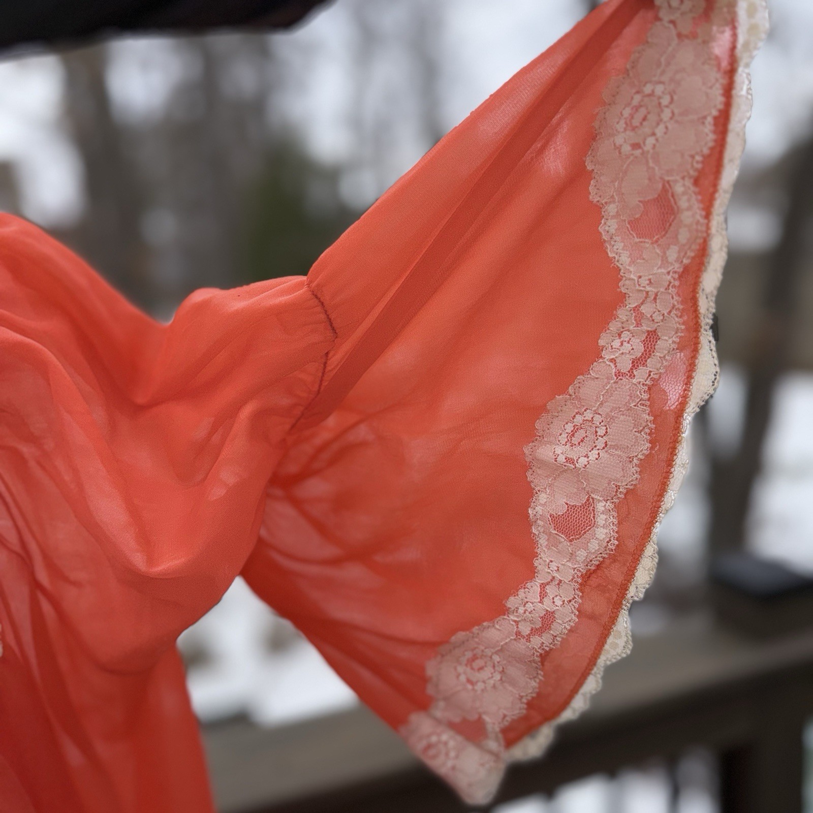 Vtg Intime Nightgown & Robe Double Chiffon Peignoir Set Flame Orange Sweep S M +