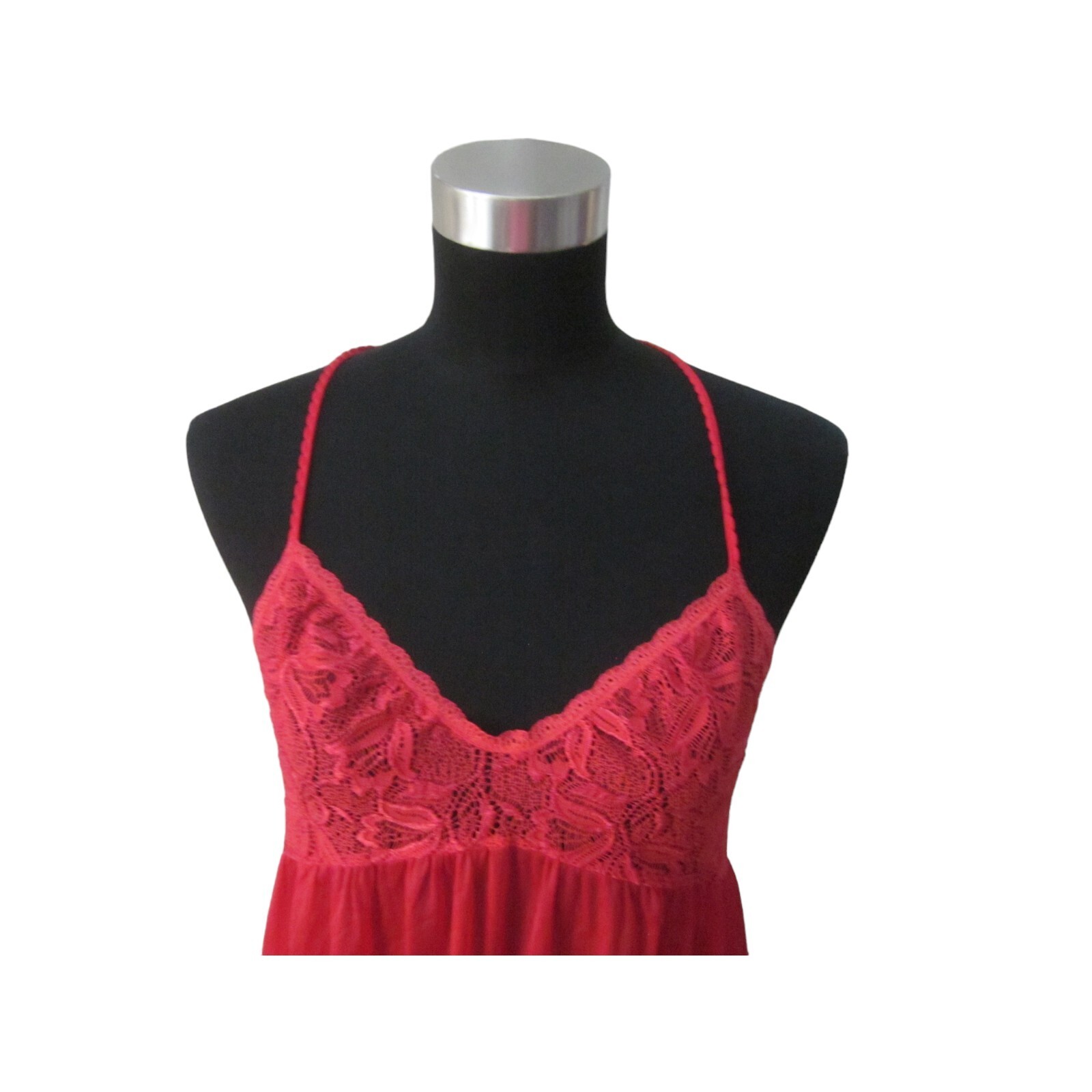 VTG VANITY FAIR Red Lace Bodice Nylon Blend Strappy Back Nightgown Sz S USA