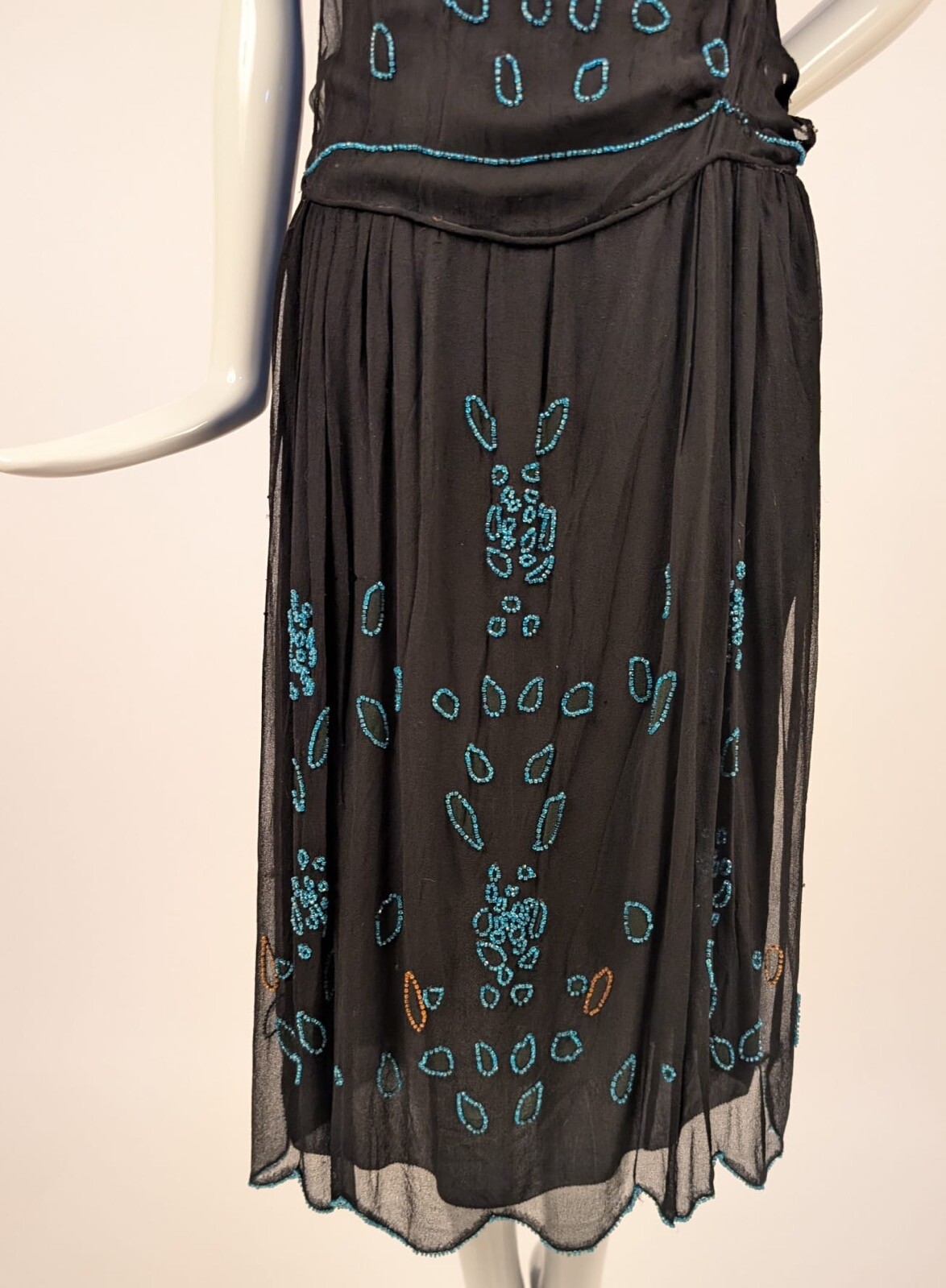FLAPPER 1920’S SHEER SILK CHIFFON DRESS W BLUE GLASS BEADING