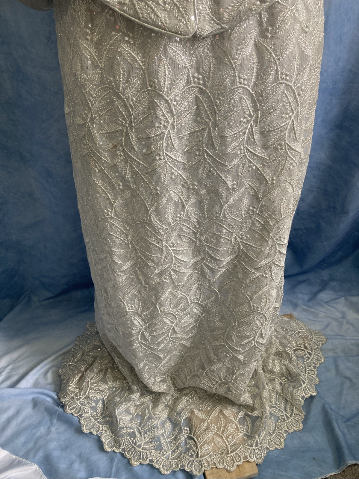 VTG 80s ASPEED USA Silver Lace Dress Jacket Set 2pc Formal Gown Prom Wedding Med
