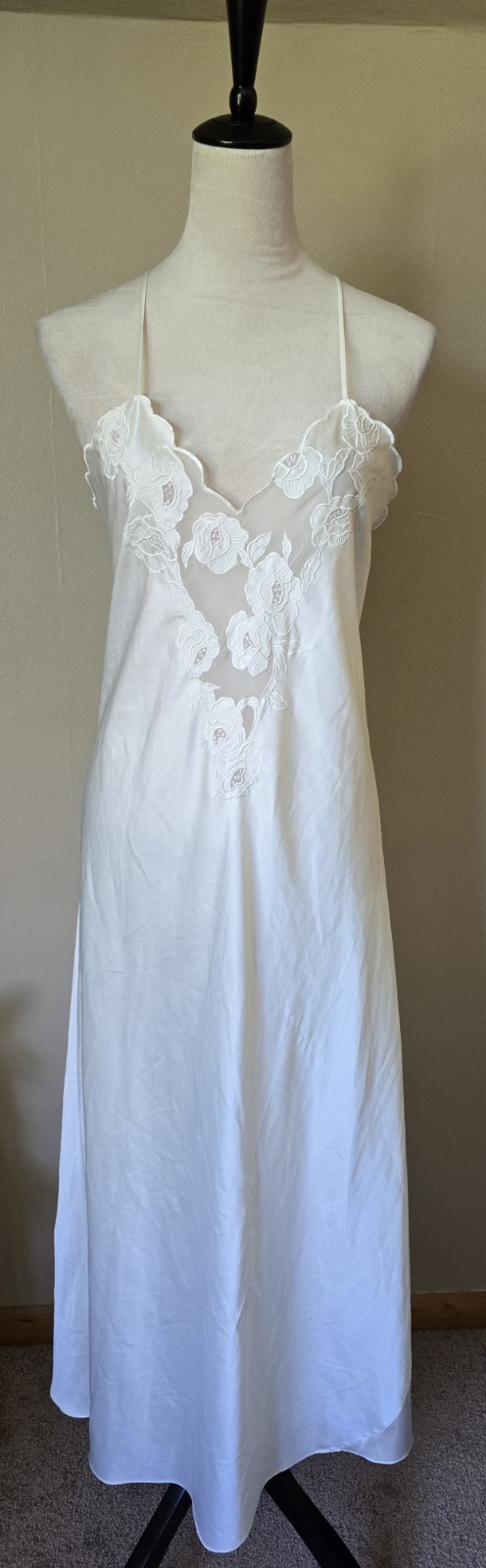 Vintage Natori White Full Length Nightgown Floral Applique Slip Dress Womens M