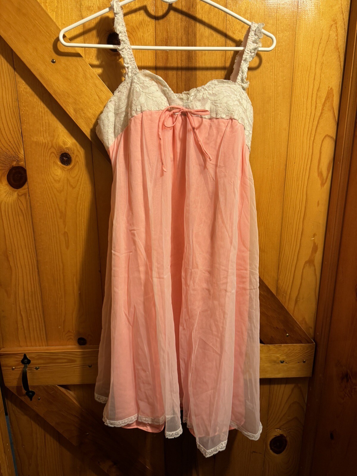 Vintage Pink Peach With Ivory Lace Nightgown Slip Lingerie Small Mad Men Fembot