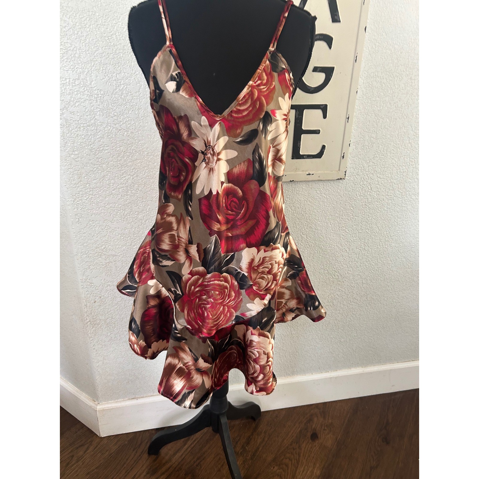 Vintage Cliche Floral Rose Satin Slip Dress Ruffle Hem Nightgown Red Taupe Med