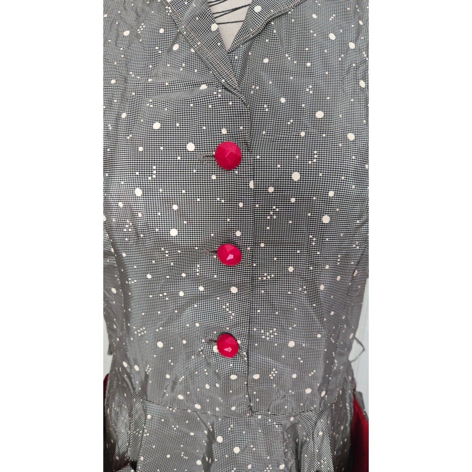 Vintage 50s Grey Atomic Splatter Dot Cotton Dress Red Lined Pockets Rockabilly