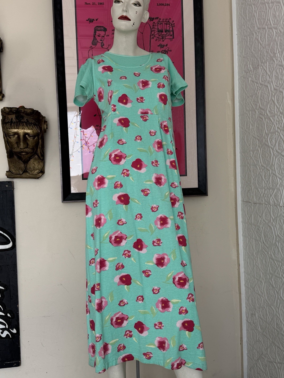 Vintage 1990s Dress Set-Knit-Floral-Spring-Cottage Green Pink-T Shirt-Tank-M