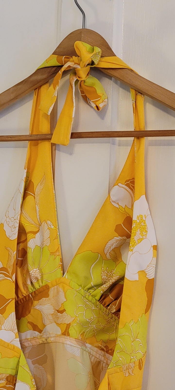 70s Vintage Sunny Yellow Summer Halter Dress With Open Back Ties & Zipper