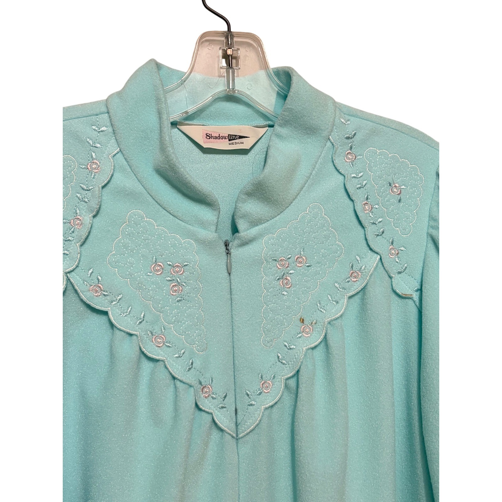 Shadowline Vintage Aqua Blue Fleece Zip Front Robe Floral Embroidered Medium