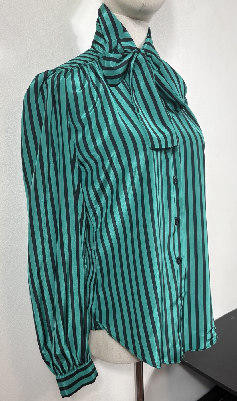 Vintage Pussy Bow Scarf Blouse Button Up Women&rsquo;s 8 Striped Green Made In USA