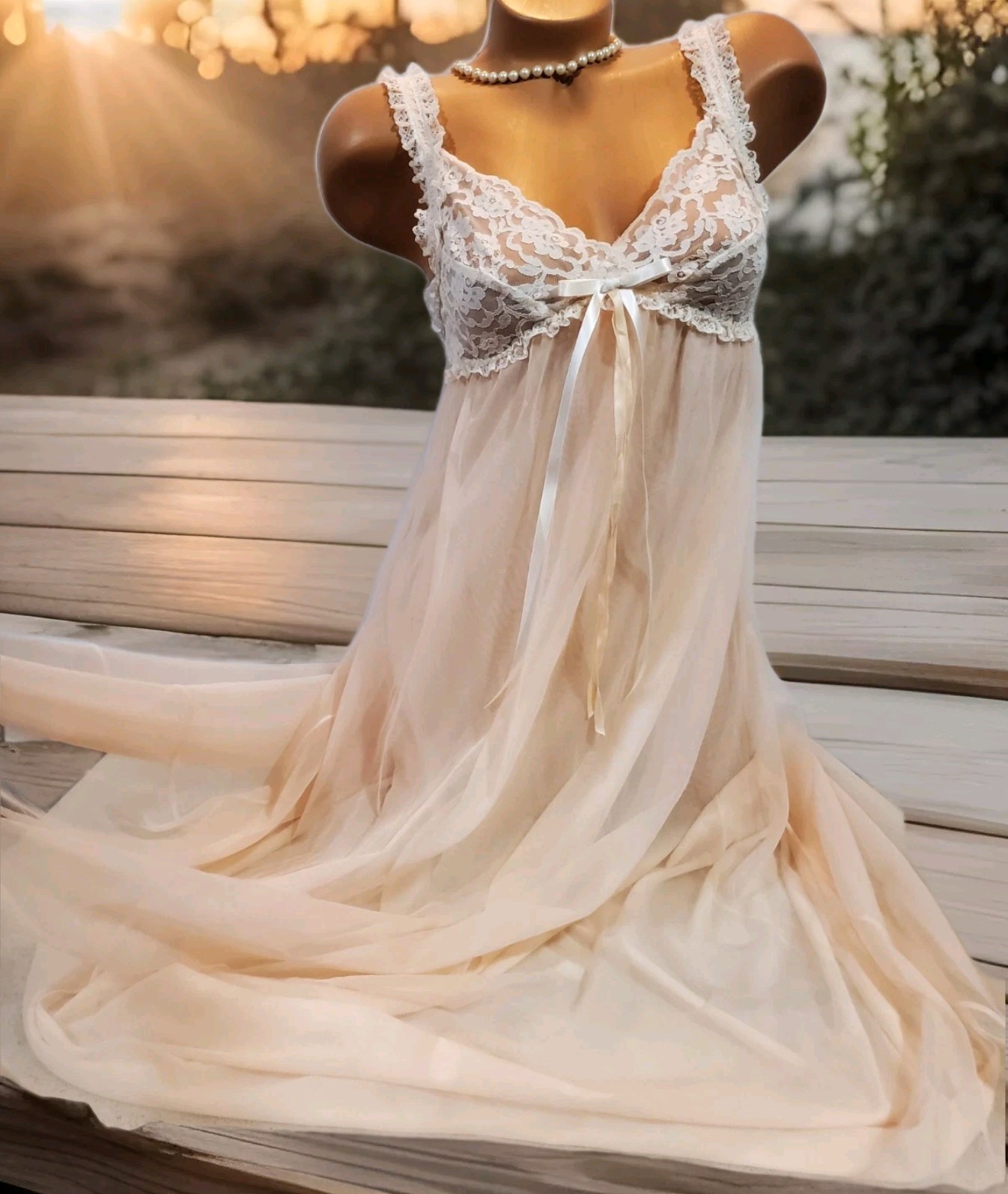 VTG LAYERED FULL SWEEP MAXi PEACH NYLON CHiFFON NiGHTGOWN LiNGERiE SLiP DRESS